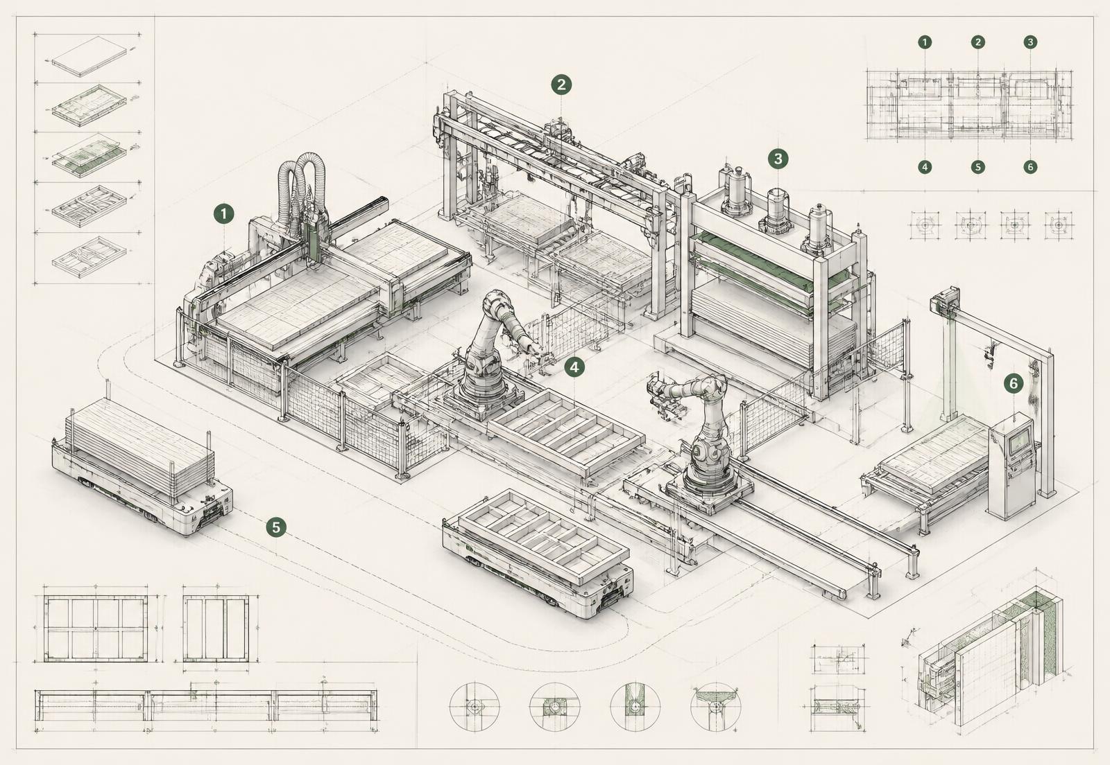 Isometric plate of an AIOS robotic production cell with numbered stations for cutting, framing, pressing, robotic handling and vision QA