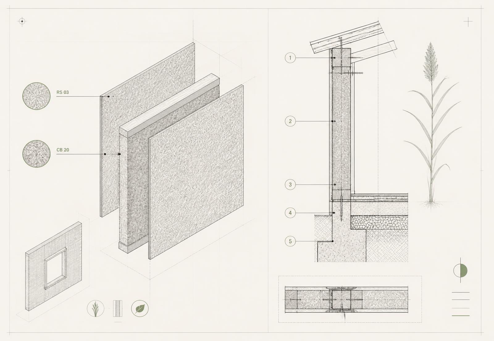 Exploded axonometric plate of a BioSIP panel with RS 03 reed strand facings, CB 20 bio-cell core and a numbered wall connection detail