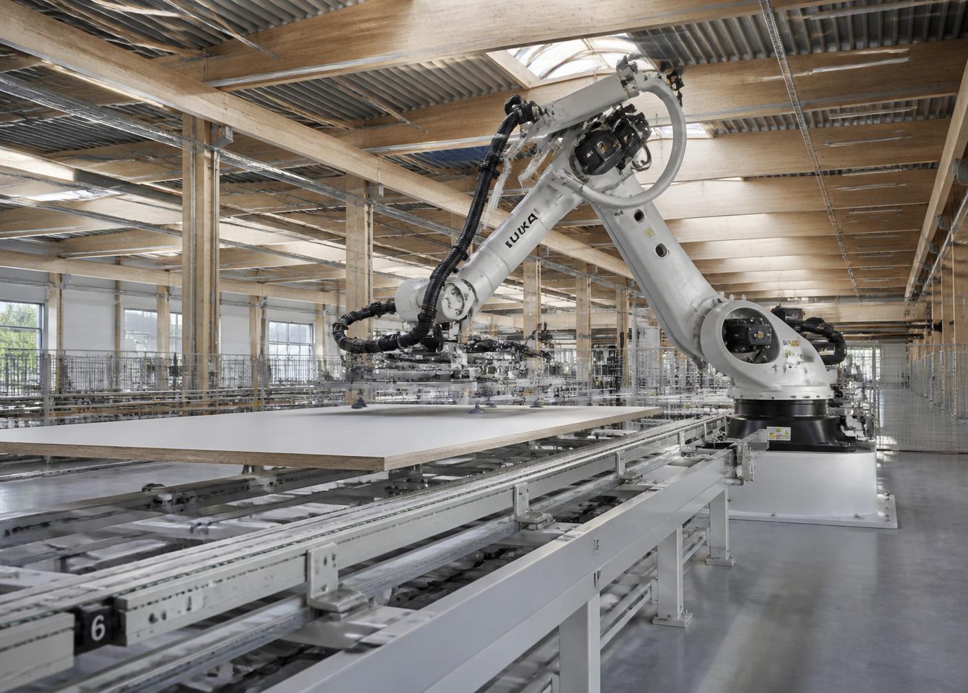 Robotic arm placing a large building panel on a precision production line in a clean factory